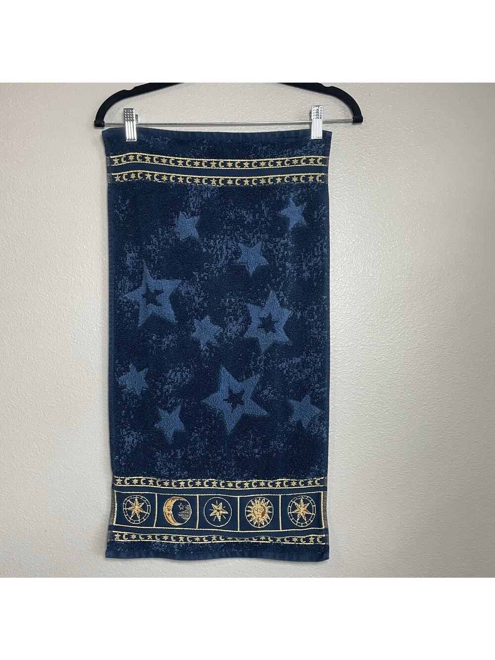 VTG Springmaid Celestial Hand Towel Sun Moon Stars Navy Blue Gold 90s Fairycore